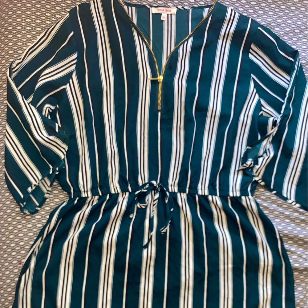 Striped Green and White Dress with Zipper
